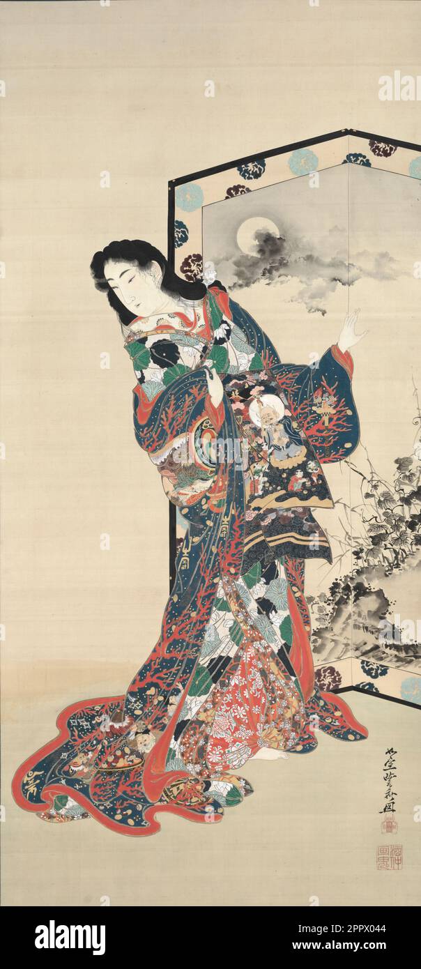 Höllische Kurtisane von Kawanabe Kyosai (Japanisch, 1831–1889) Japan, Meiji-Zeit (1868–1912) schöne Frauen, elegant gekleidet in reichem, mehrschichtigem Kimono, waren die beliebtesten Themen traditioneller japanischer Künstler und Druckereien des 17., 18. Und 19. Jahrhunderts. Diese Kurtisane, die durch die obi-Bindung an der Vorderseite gekennzeichnet ist, wird traditionell dargestellt. Hängende Schriftrolle: Tinte, Farbe, Gold und Silber auf Seide Bild: 144,2 x 67,6 cm (56 3/4 x 26 5/8 Zoll); insgesamt: 233,7 x 92,1 cm (92 x 36 1/4 Zoll) Stockfoto