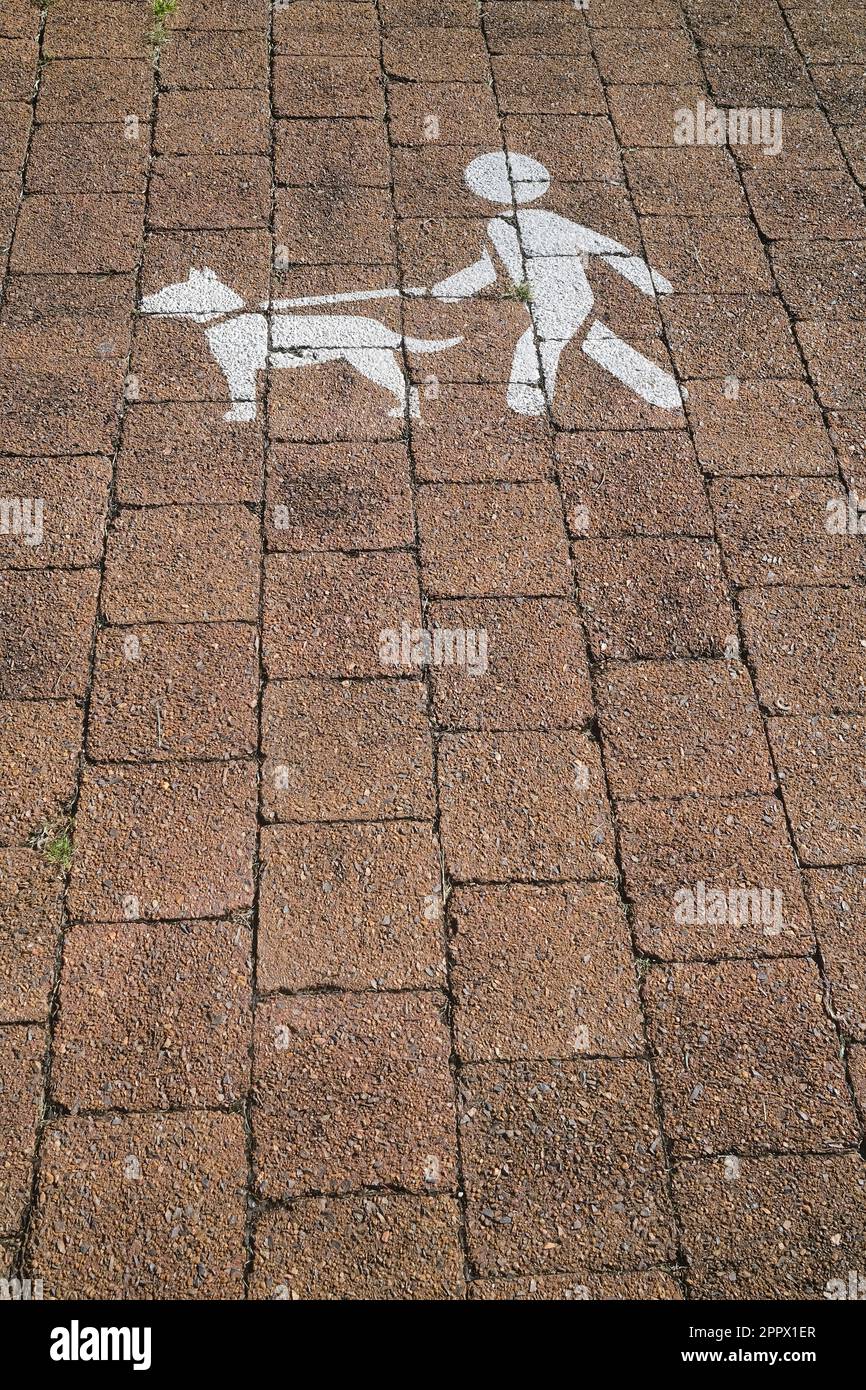 Schild, um Hunde an Blei oder Leine zu halten, gemalt auf dem Fußweg Stockfoto