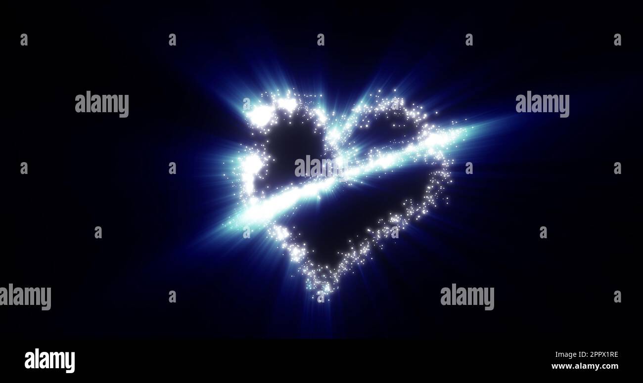 Ein Herz aus einem fliegenden Kometen salutiert die Liebe aus Partikeln und Linien aus leuchtendem Gold auf blauem Hintergrund zum Valentinstag. Abstrakter Bildschirmschoner Stockfoto