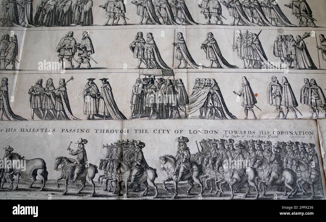 Ein Blick auf eine Reihe von Radierungen von Wenceslaus Hollar bei Catherine Southon Auctioneers, die die Krönungskavalkade Karls II. Im Jahr 1661 (Mitte) vor ihrem Verkauf in Chiselhurst im Südosten Londons darstellen. Die Radierungen wurden 362 Jahre nach dem Ereignis und innerhalb von Wochen nach der Krönung von König Karl III. In Notting Hill, London, in einem Schrank gefunden und werden schätzungsweise £400 bis £600 einbringen, wenn sie unter den Hammer gehen. Foto: Dienstag, 25. April 2023. Stockfoto