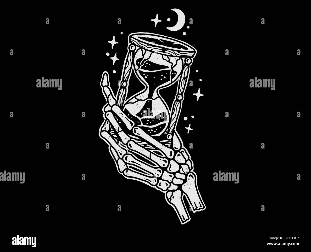 Vom Tattoo-Stil inspiriertes Grafikdesign auf schwarzem Hintergrund, Skelett, Hand mit Hold-Hour-Glas Stockfoto