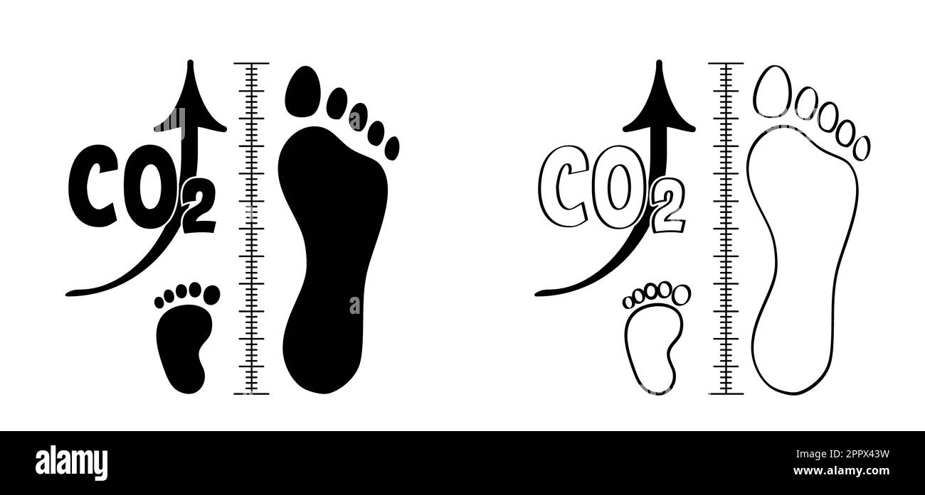 Diagramm zur Reduzierung oder Erhöhung des CO2-Konzepts von Kohlenstoff und Stickstoff. Fußabdruck oder Schritte. Cartoon CO2, CO2-Emissionen, Reduktionswerte. Kohlendioxid Stockfoto