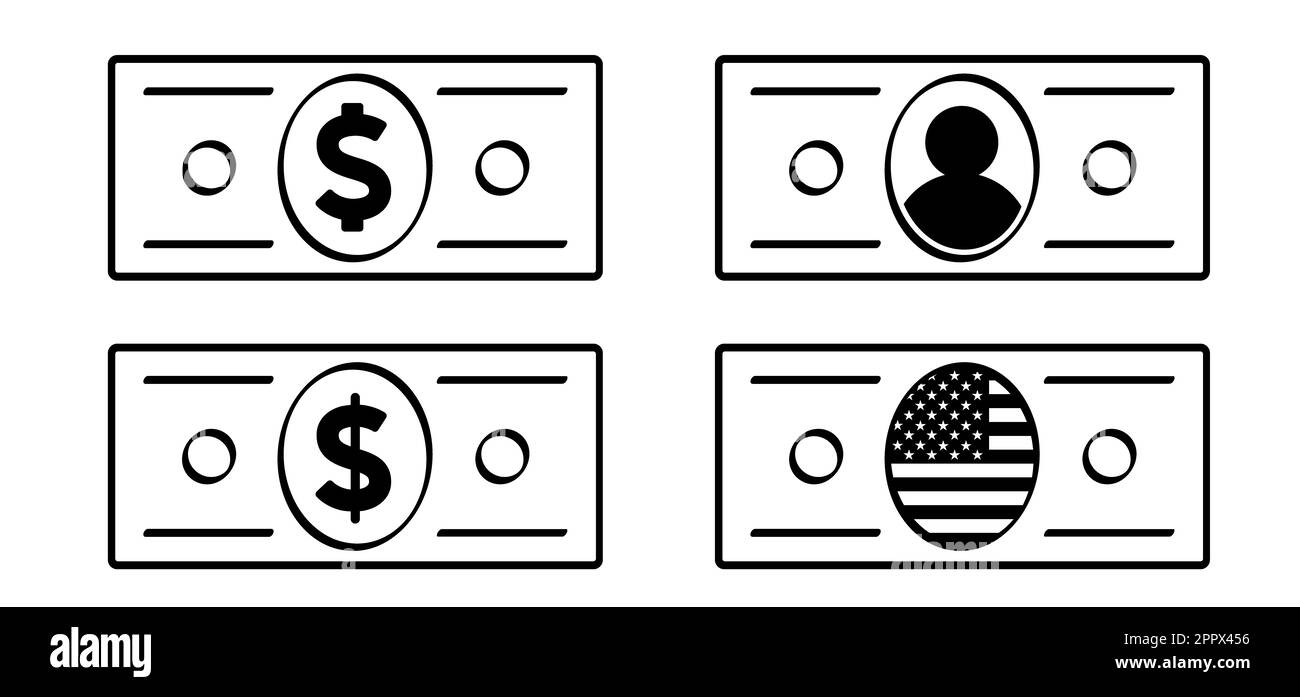 Cartoon Bundle usa Papiergeld Symbol oder Logo. Vektordollar, Geldscheine oder Geldscheine. Bargeld- und Währungsrechnungen. Banknoten, Bankfinanzinvestitionen Stockfoto