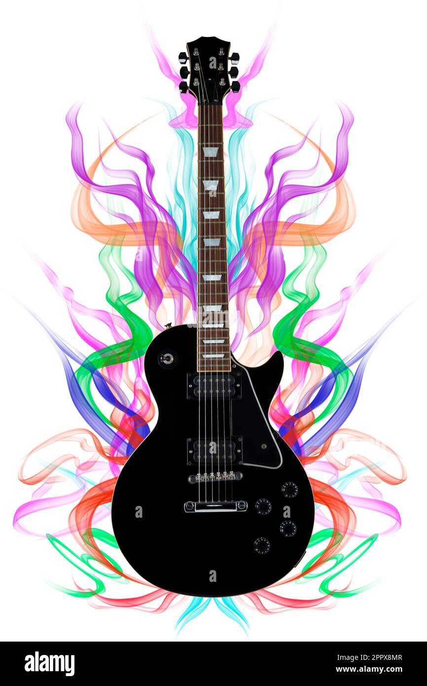 Schwarze Gitarre isoliert auf weißem Hintergrund mit farbigen Rauchpfaden Stockfoto