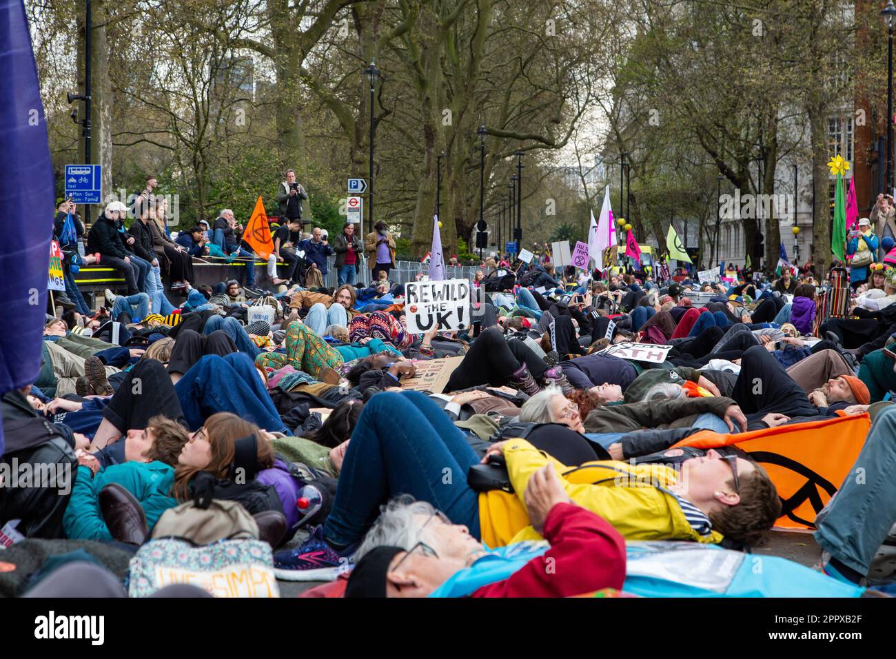 Vereinigt euch, um am „The Big One“ – dem Tag der Erde – zu überleben. Extinction Rebellion (XR) marsch auf dem Parliament Square for Biodiversity - 22. April Stockfoto