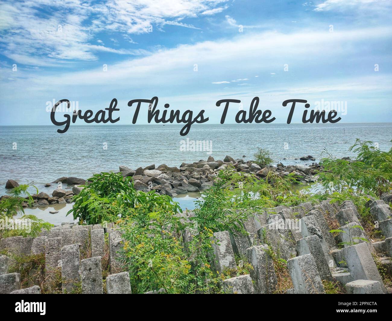 Motivierend und mit dem Wort „Great Things“ zu kommunizieren, braucht Zeit. Stockfoto