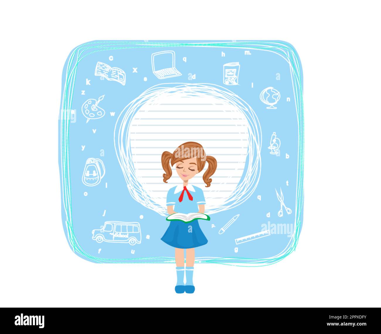Schönes Schulmädchen liest ein Buch - Rahmen mit Platz für Text Stock Vektor