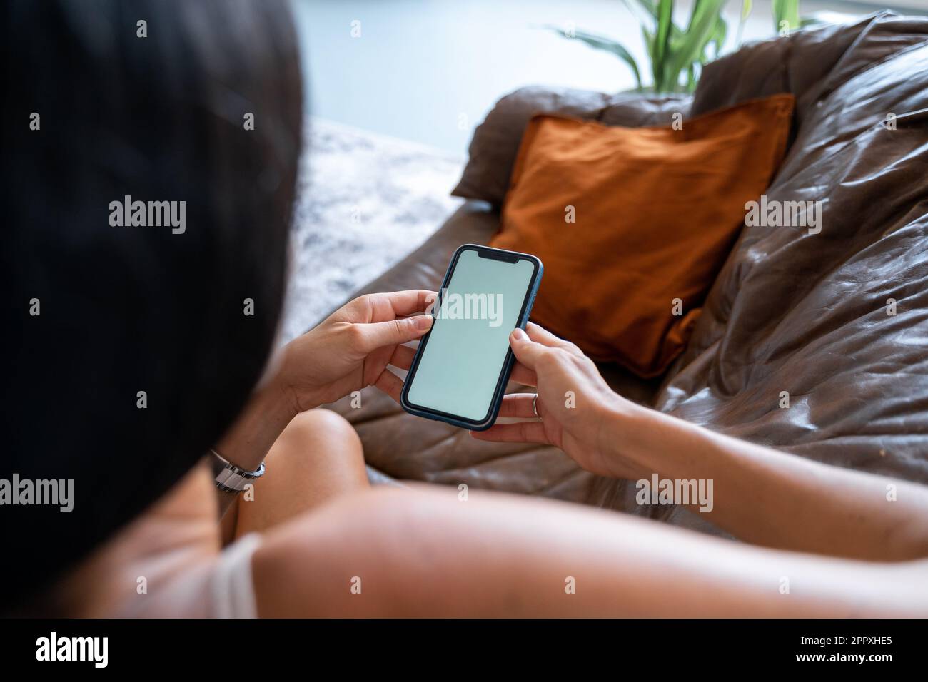 Von oben gekürzt, unwiedererkennbare junge Frau in lässiger Kleidung, sitzt auf dem Sofa und surft im Smartphone, während sie sich in einem gemütlichen Wohnzimmer zu Hause ausruht und Stockfoto