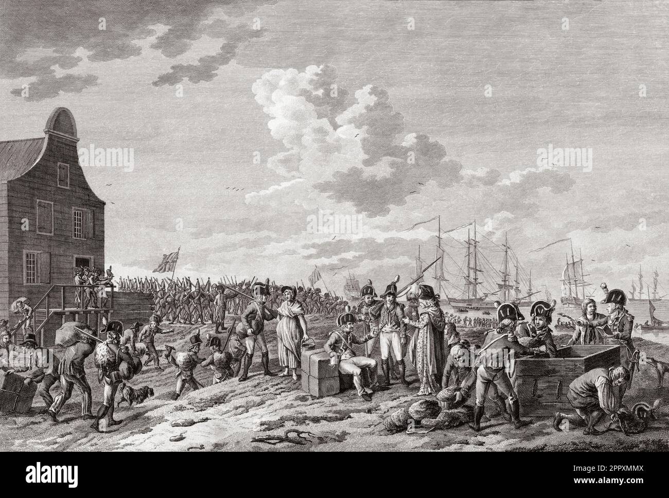 Rückzug britischer und russischer Truppen aus Den Helder, Niederlande, November 1799 am Ende der englisch-russischen Invasion in Holland während des Krieges der Zweiten Koalition. Nach einem Abdruck von Hendrik Roosing. Stockfoto