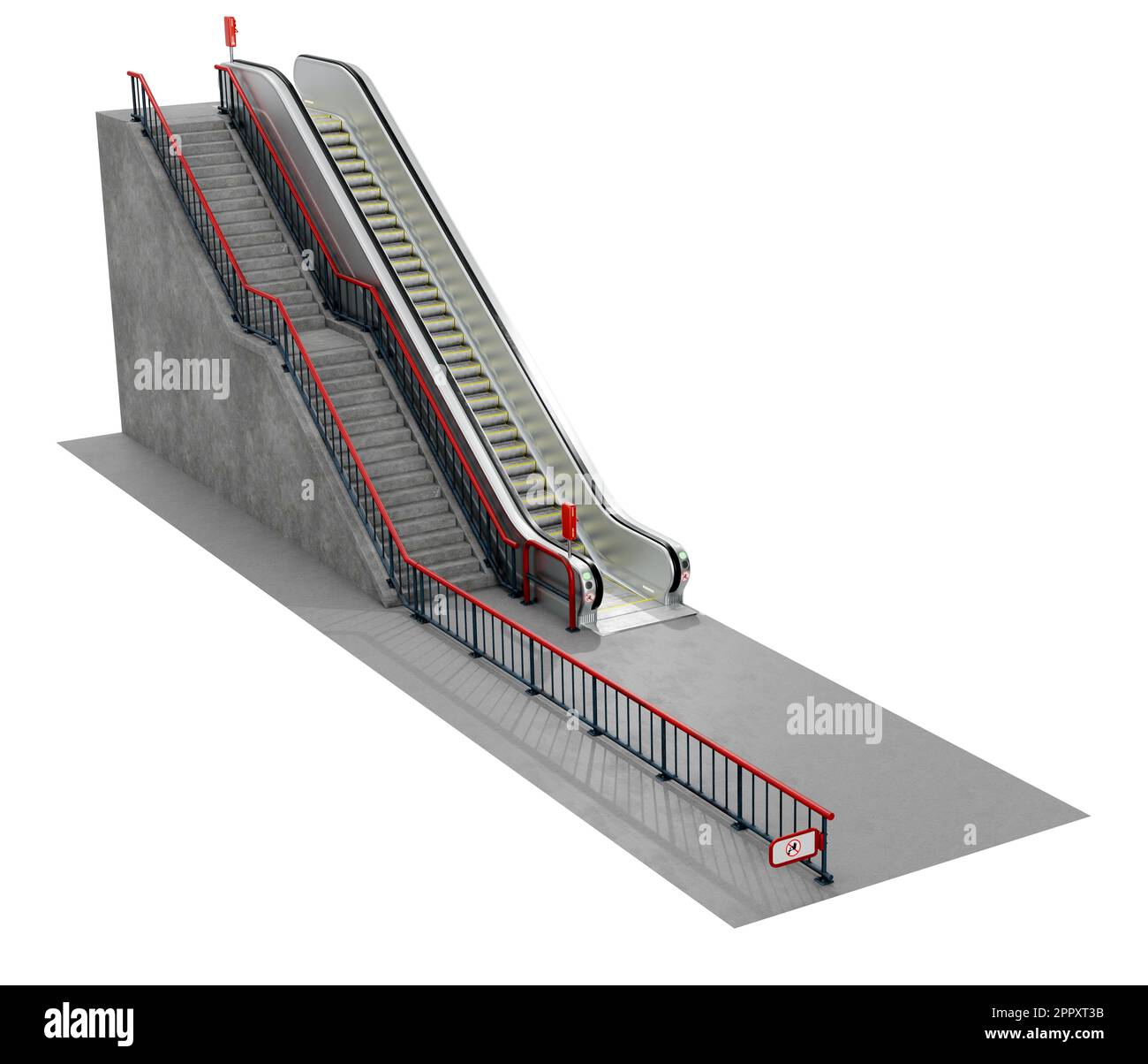 Rolltreppe mit isolierter Treppe auf weißem Hintergrund - 3D-Rendering Stockfoto