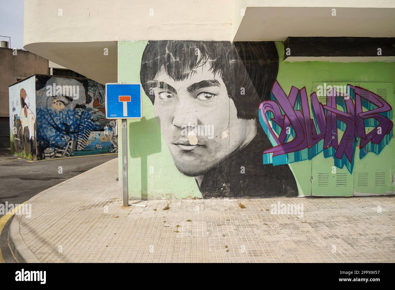 Bruce Lee und Dali Porträts an der Wand gemalt. Alcudia, Spanien Stockfoto
