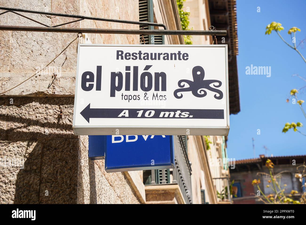 Schild für spanisches Fischrestaurant, Palma de Mallorca, Balearen, Spanien. Stockfoto