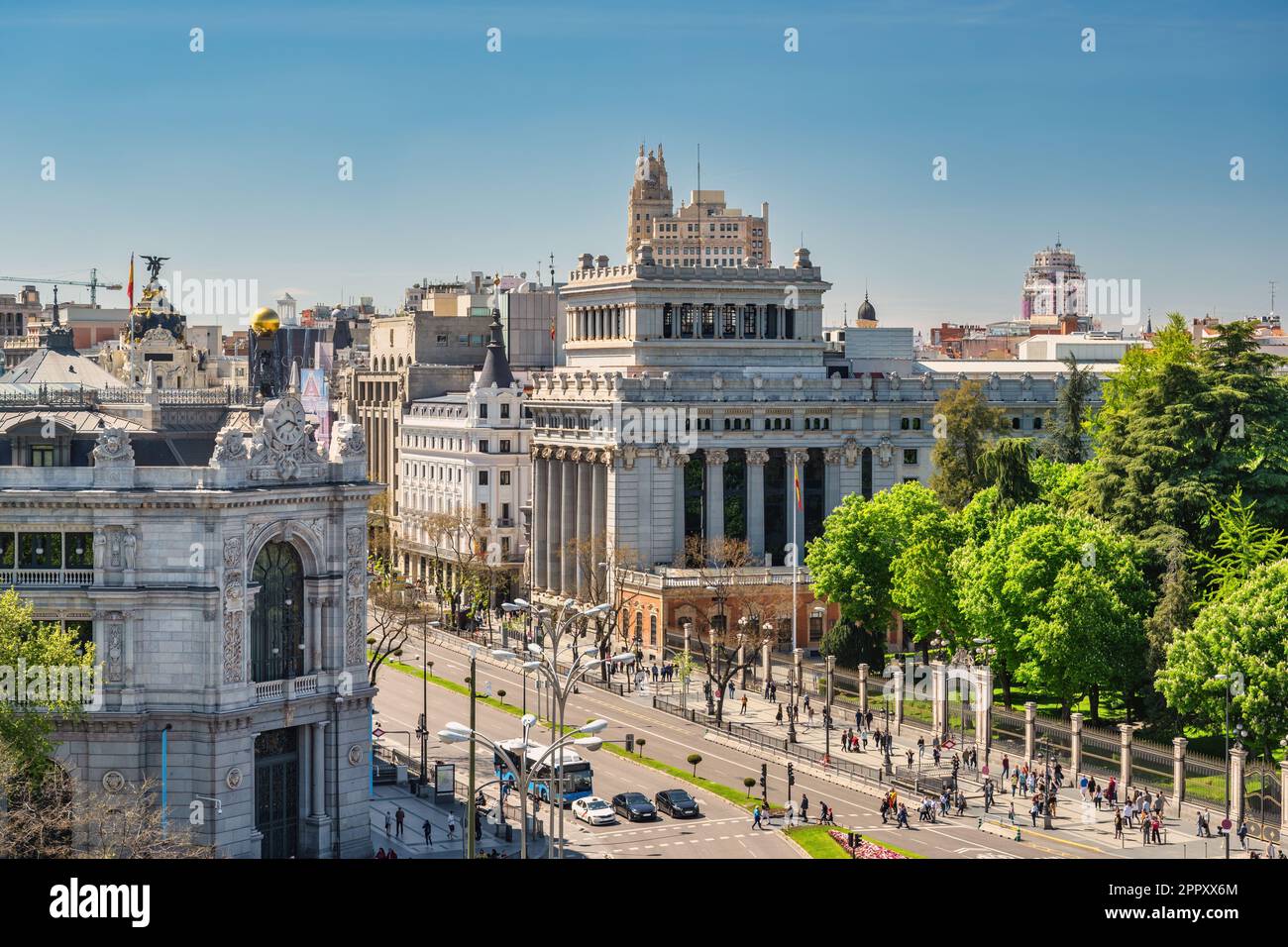 Madrid Spanien, Blick auf die Skyline der Stadt vom Independence Square und Cibeles Fountain Stockfoto