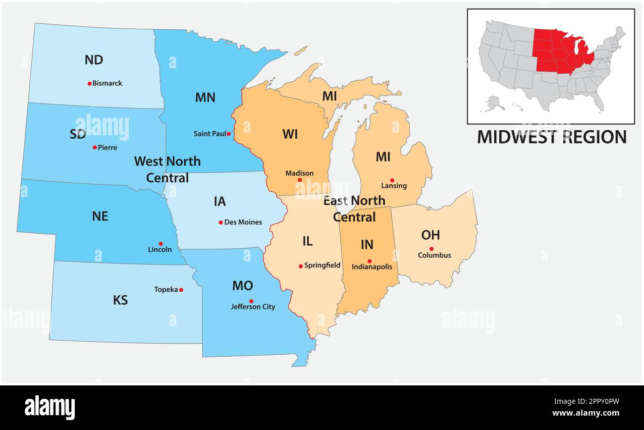 Administrative Vektorkarte der US Census Region Midwest Stock Vektor