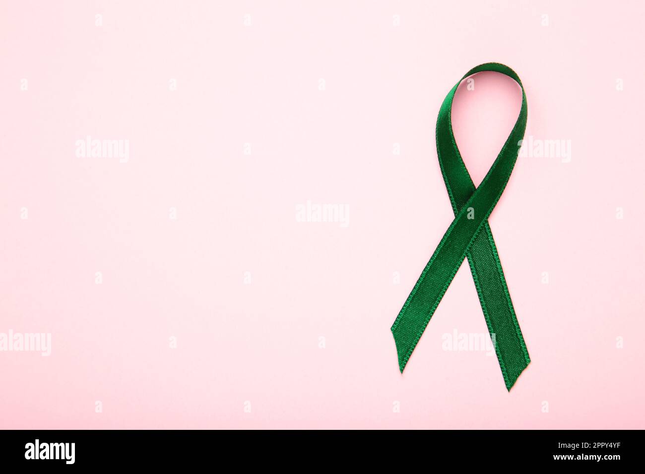 Gesundheits- und Medizinkonzept. Grünes Organtransplantationsband auf pinkfarbenem Hintergrund. Stockfoto