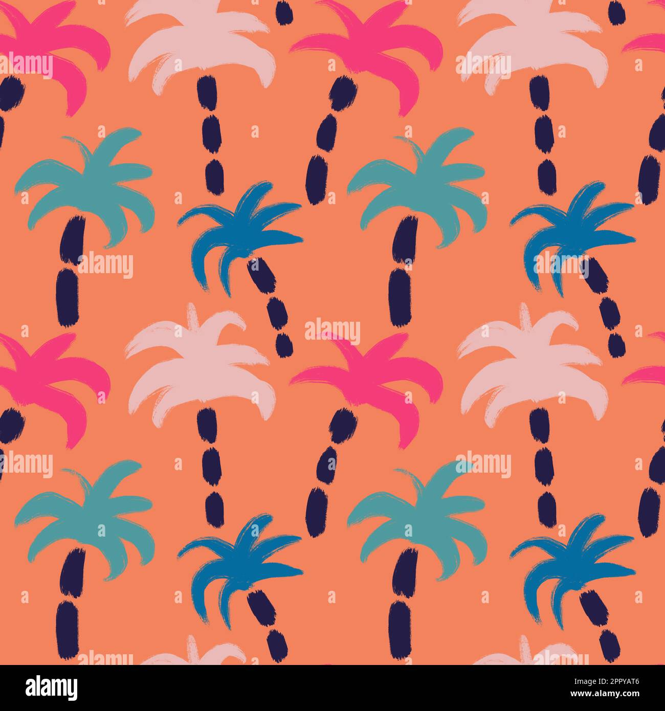 Handgezeichnetes nahtloses Muster mit pinkblauen Palmen auf orangefarbenem Hintergrund. Sommermotiv für tropische Inseln, Küstenlandschaft mit Kokosnusspalmen, helle Y2K-Kunst Stockfoto