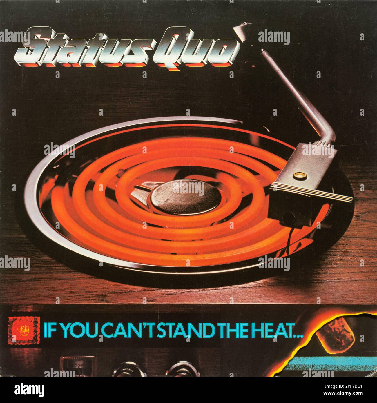Wenn du das Heat Vinyl Album Cover von Status Quo, einer britischen Rockband, nicht aushältst Stockfoto