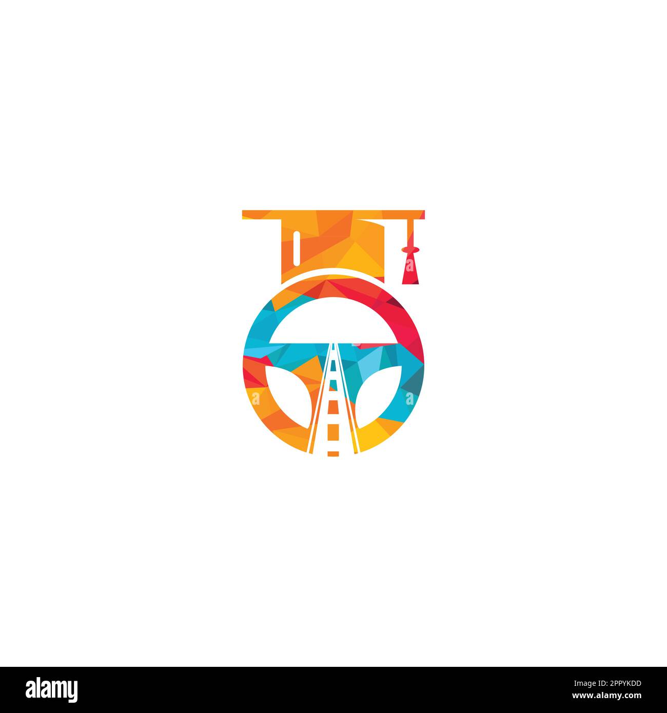 Logo der Fahrschule. Lenkrad mit Symbol für Fahrbahn und Graduierung. Stock Vektor
