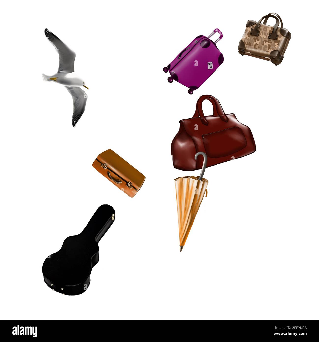 Gepäck von Koffern, Taschen, Korb, Gitarrenkoffer, Schirm, Möwe Stockfoto