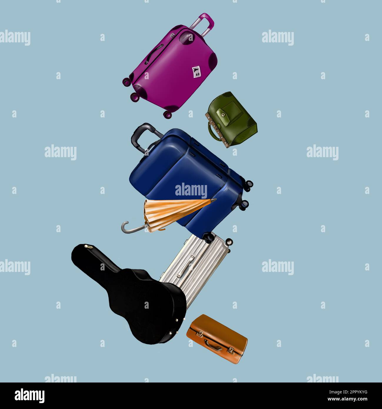 Gepäck, Koffer, Taschen, Korb, Gitarrenkoffer, Schirm Stockfoto