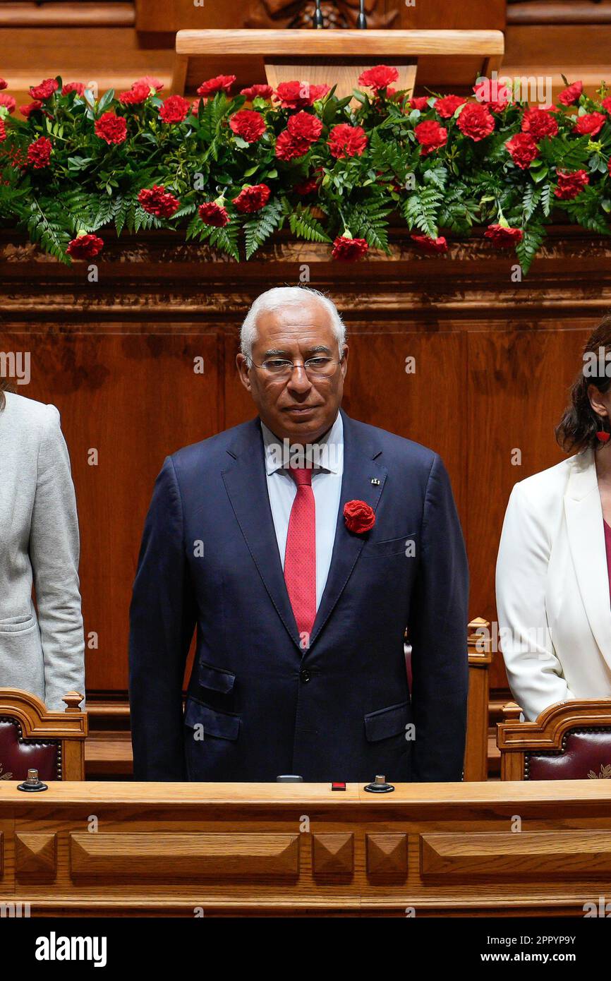 Lissabon, Portugal. 25. April 2023. Antonio Costa, portugiesischer Premierminister, der am letzten Tag des offiziellen Staatsbesuchs des brasilianischen Präsidenten in Portugal gesehen wurde. Kredit: SOPA Images Limited/Alamy Live News Stockfoto