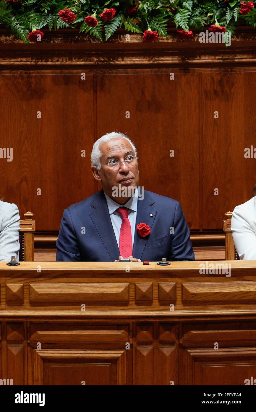Lissabon, Portugal. 25. April 2023. Antonio Costa, portugiesischer Premierminister, der am letzten Tag des offiziellen Staatsbesuchs des brasilianischen Präsidenten in Portugal gesehen wurde. Kredit: SOPA Images Limited/Alamy Live News Stockfoto