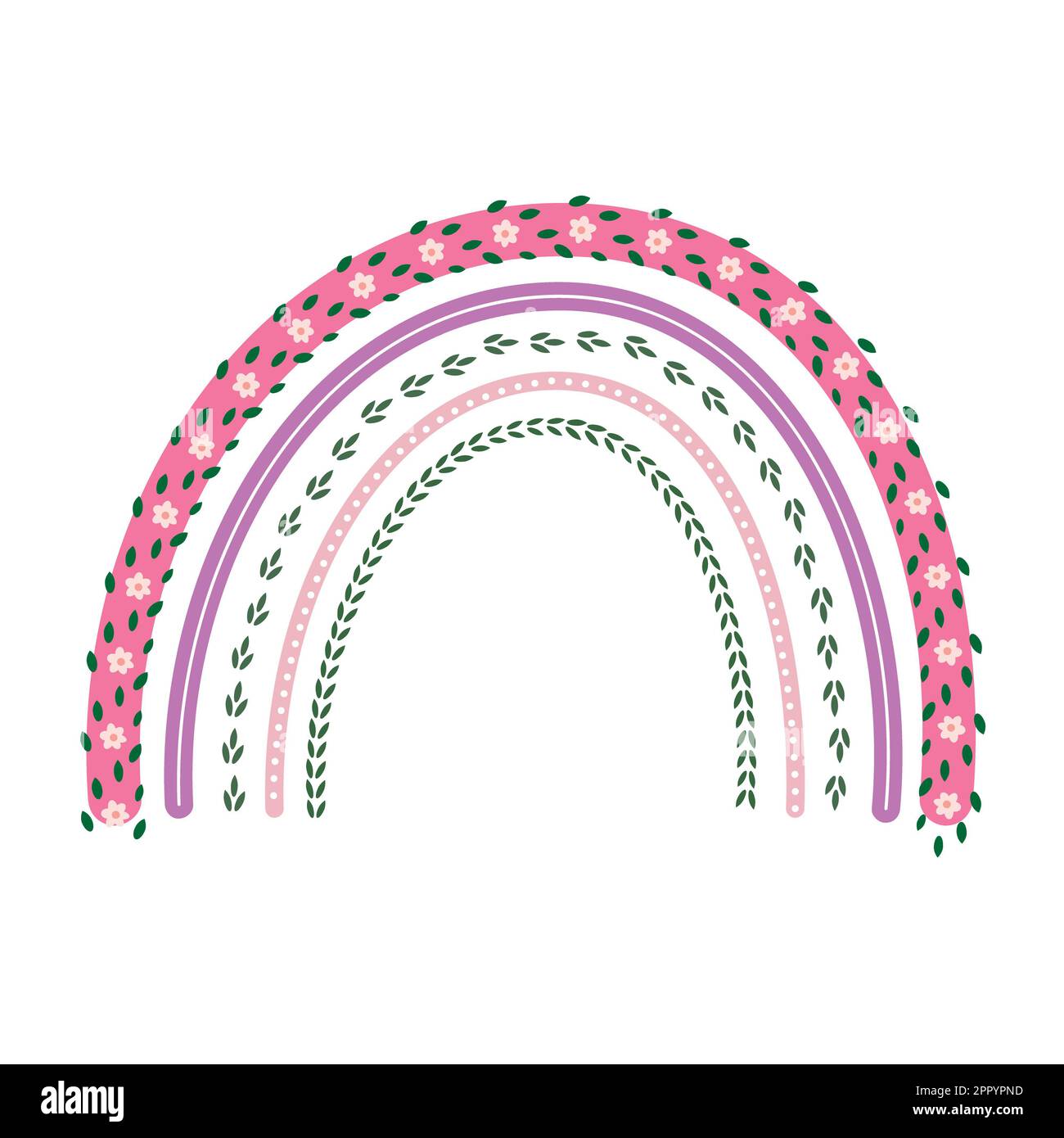Blumen-Boho-Regenbogen, abstrakter Boho-Regenbogen, abstrakter moderner Regenbogen mit Blumen und Blättern, Stockfoto