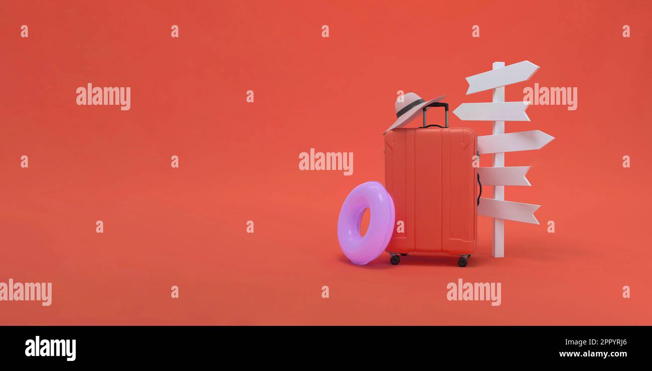 Minimalistischer roter Panorama-Hintergrund mit Pfeilspfosten, Koffer, Hut und Schwimmer. 3D-Rendering. Stockfoto