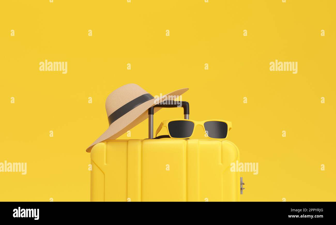 Nahaufnahme eines Koffers mit Sonnenbrille und Hut auf gelbem Hintergrund. Urlaubskonzept. 3D-Rendering. Stockfoto
