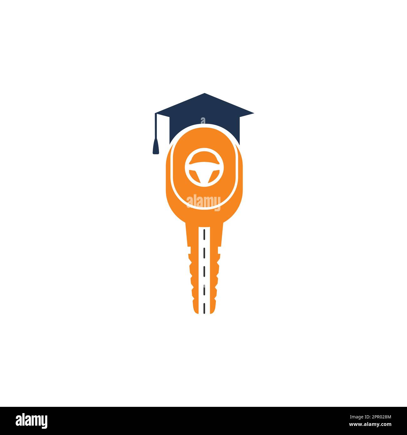 Logo der Fahrschule. Autoschlüssel mit Auto, Lenkrad und Symbol für Graduierung. Stock Vektor