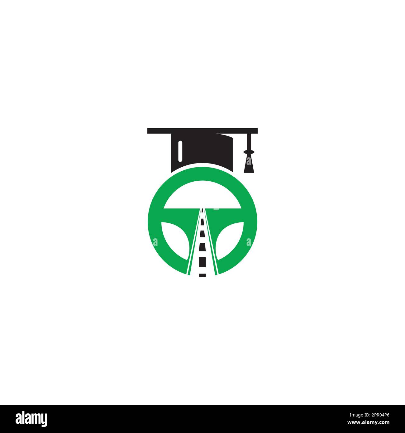 Logo der Fahrschule. Lenkrad mit Symbol für Fahrbahn und Graduierung. Stock Vektor