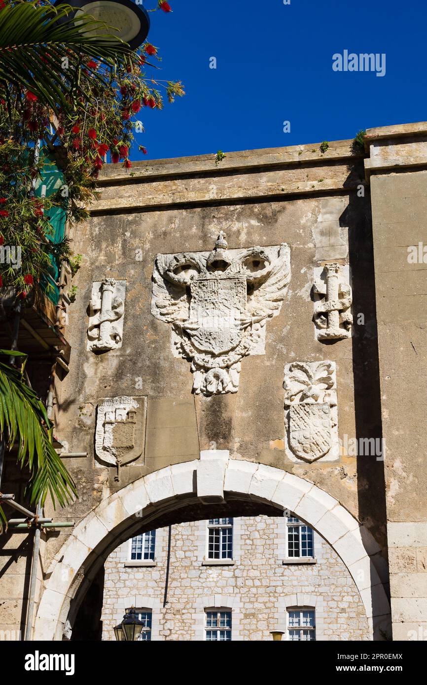 Das Southport-Tor, Teil der Vorhangwand-Verteidigung um Gibraltar. Das britische Überseegebiet Gibraltar, der Felsen von Gibraltar auf der Stockfoto