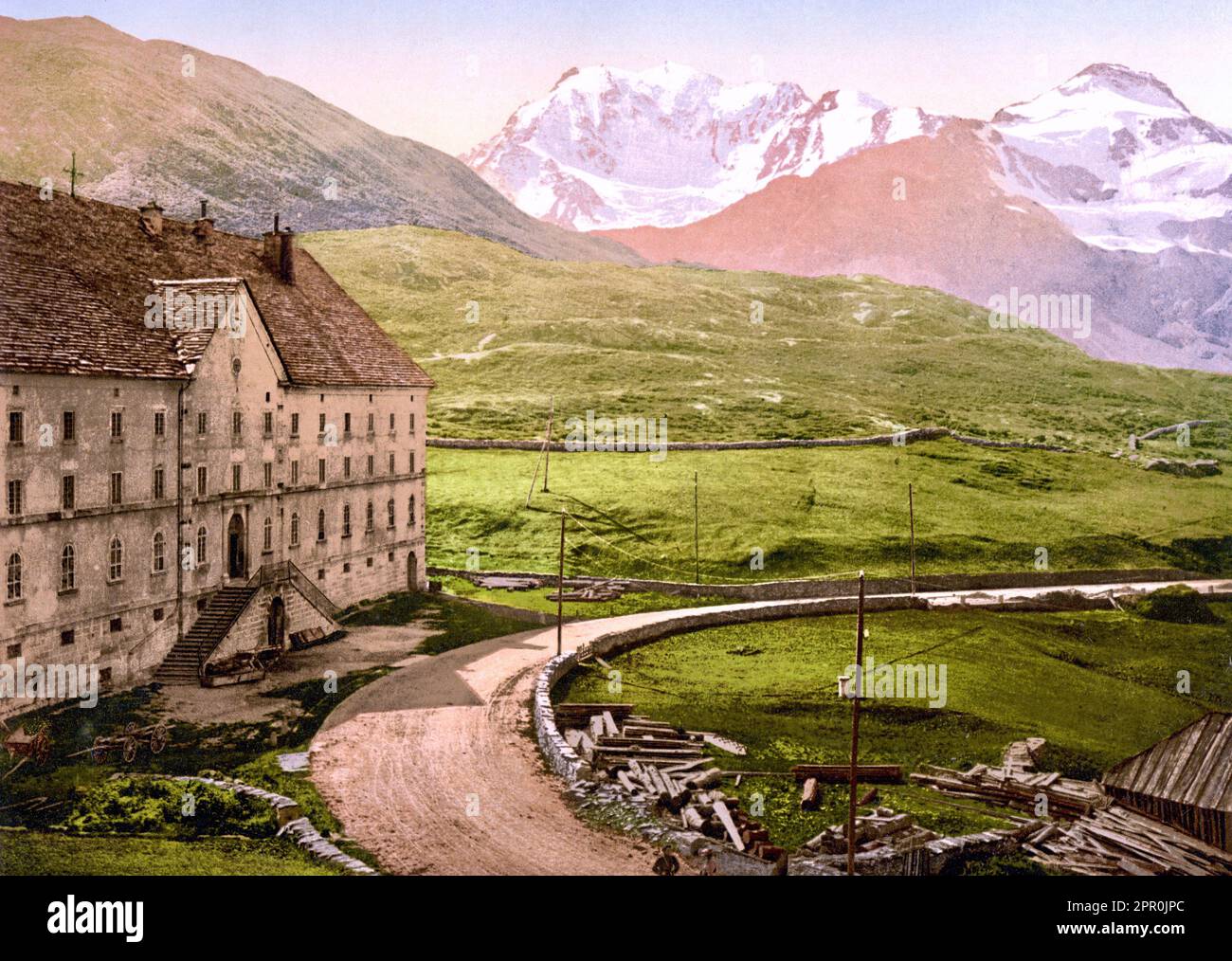 Das Hospiz, Simplon Pass, Wallis, Schweiz 1890. Stockfoto