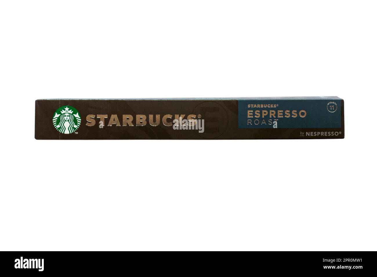 Schachtel Starbucks Espresso Roast Kaffeekapseln von Nespresso, isoliert auf weißem Hintergrund Stockfoto