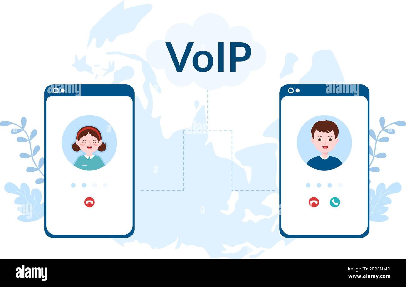 VOIP- oder Voice-over-Internet-Protokoll mit Telefonie-Scheme-Technologie und Netzwerk-Telefonanruf-Software in Vorlage Handgezeichnete Grafik flache Abbildung Stock Vektor