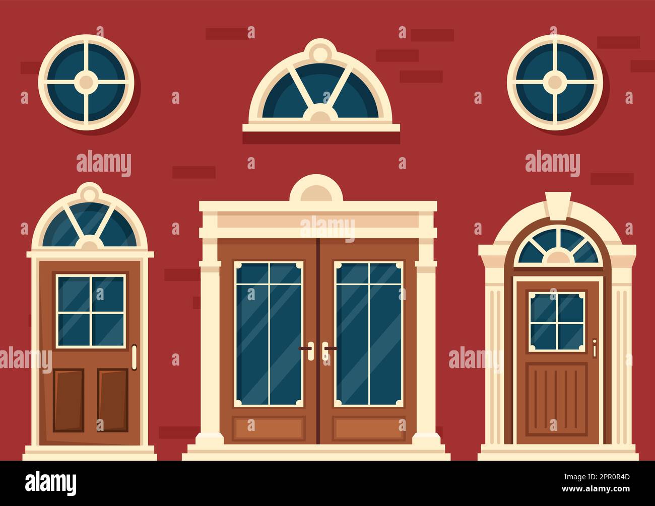 Haus Architektur mit Satz von Türen und Fenster verschiedene Formen, Farben und Größen in Vorlage Hand gezeichnet Cartoon flache Hintergrund Illustration Stock Vektor