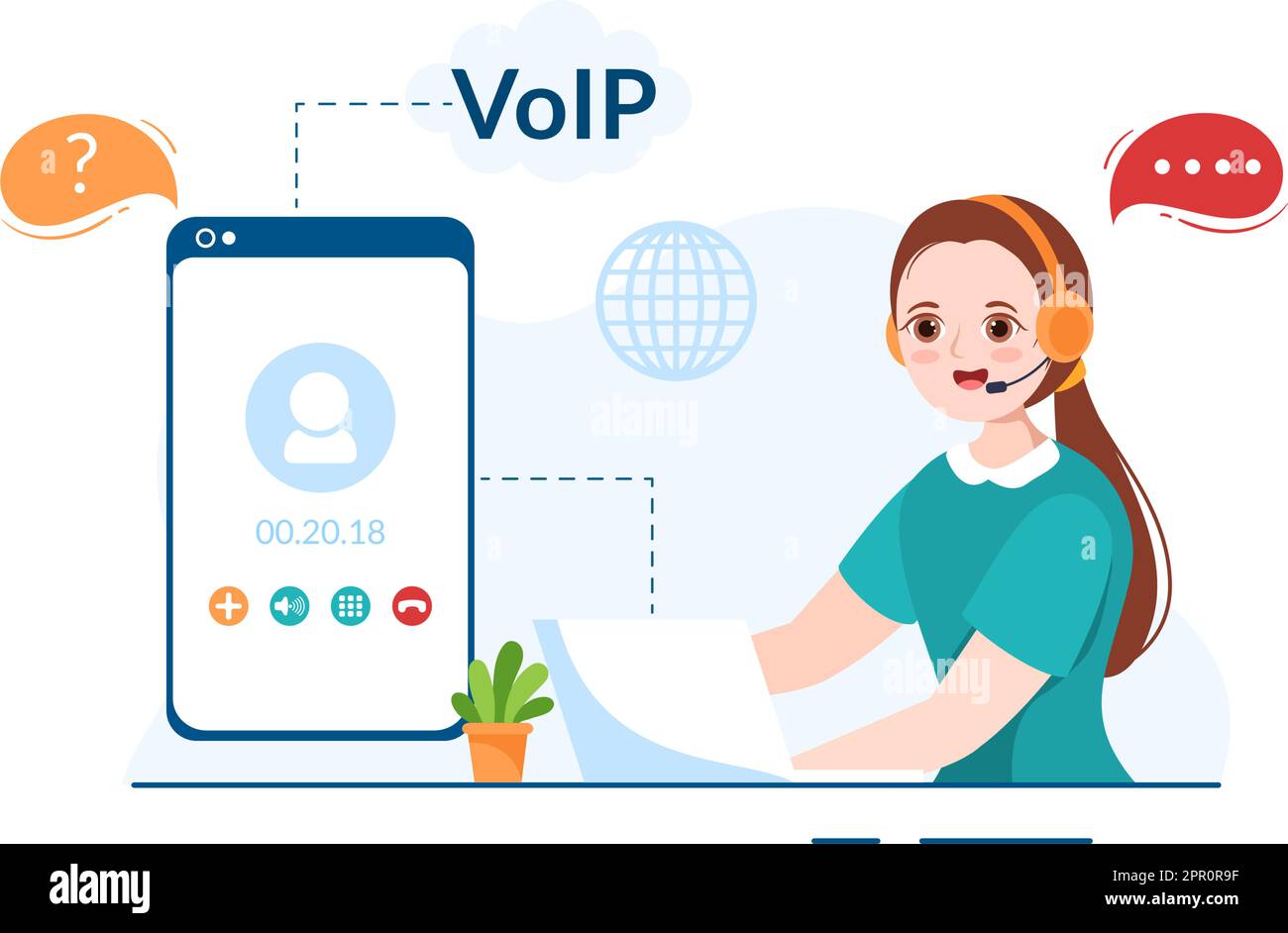 VOIP- oder Voice-over-Internet-Protokoll mit Telefonie-Scheme-Technologie und Netzwerk-Telefonanruf-Software in Vorlage Handgezeichnete Grafik flache Abbildung Stock Vektor