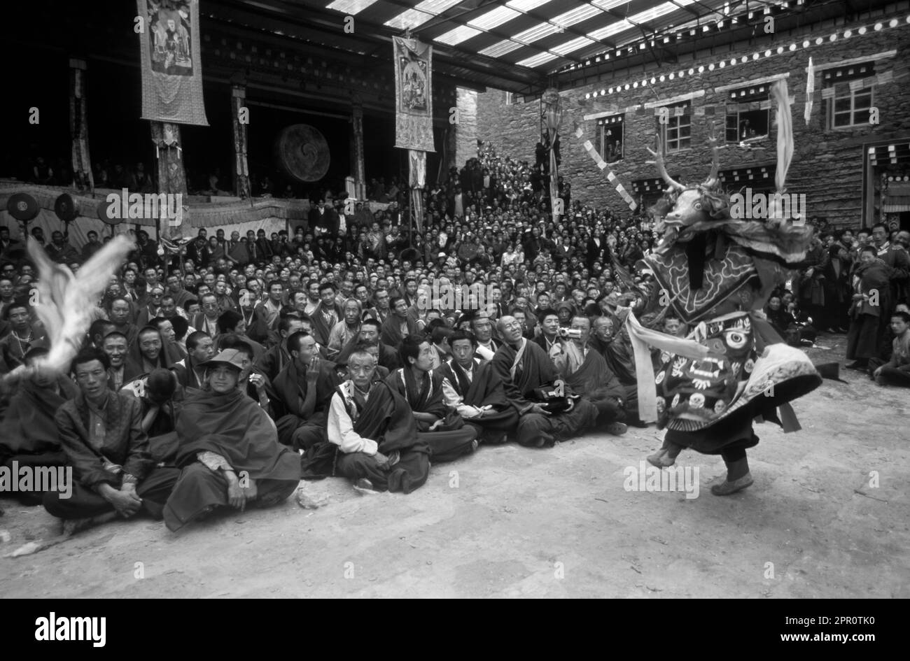 Maskierter Hirschtänzer, der die Tierwelt im Monlam Chenmo, Kloster Katok - Kham, (Tibet), Sichuan, China repräsentiert Stockfoto