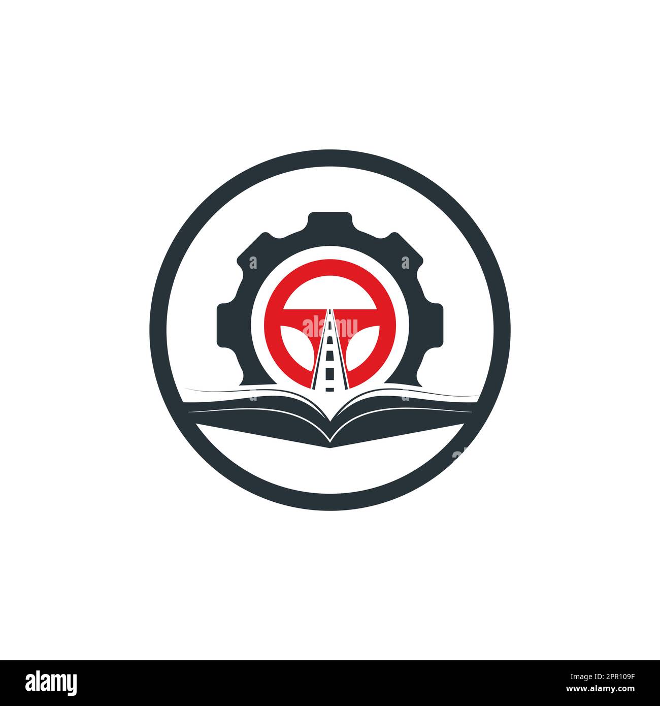 Logo der Fahrschule. Lenkrad mit Zahnrad- und Buchsymbol. Stock Vektor