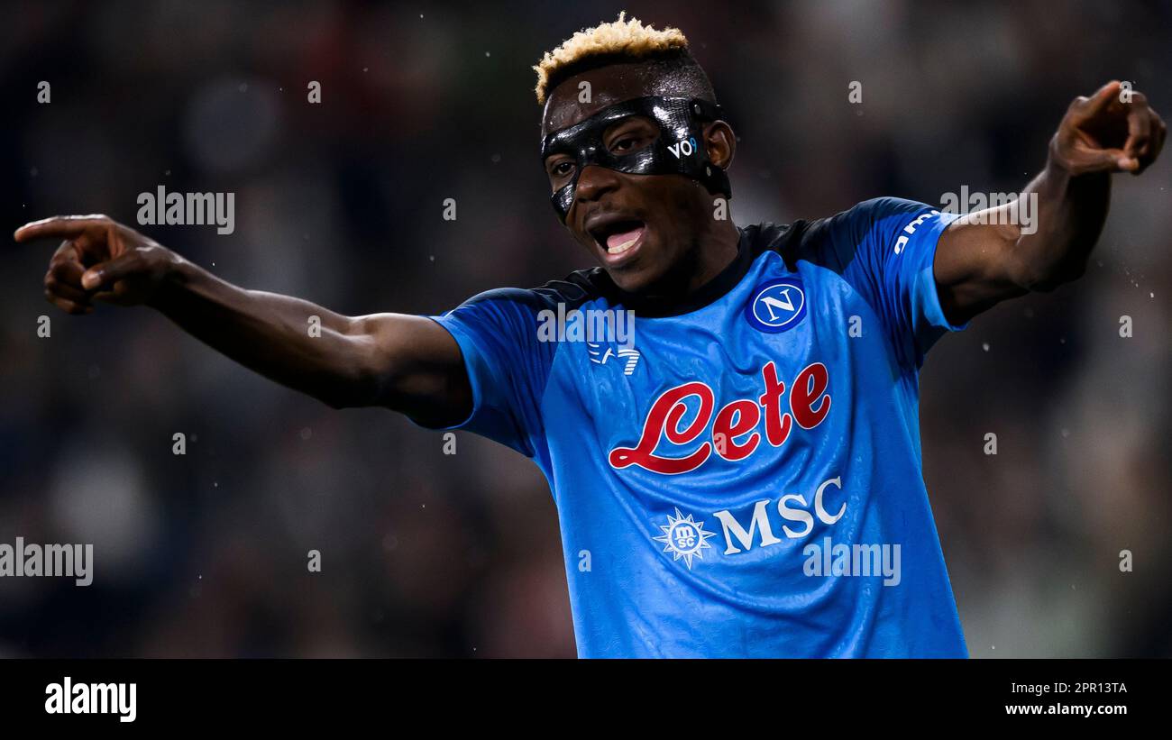 Turin, Italien. 23. April 2023 Victor Osimhen von SSC Napoli zeigt während des Fußballspiels der Serie A zwischen dem FC Juventus und SSC Napoli. Kredit: Nicolò Campo/Alamy Live News Stockfoto