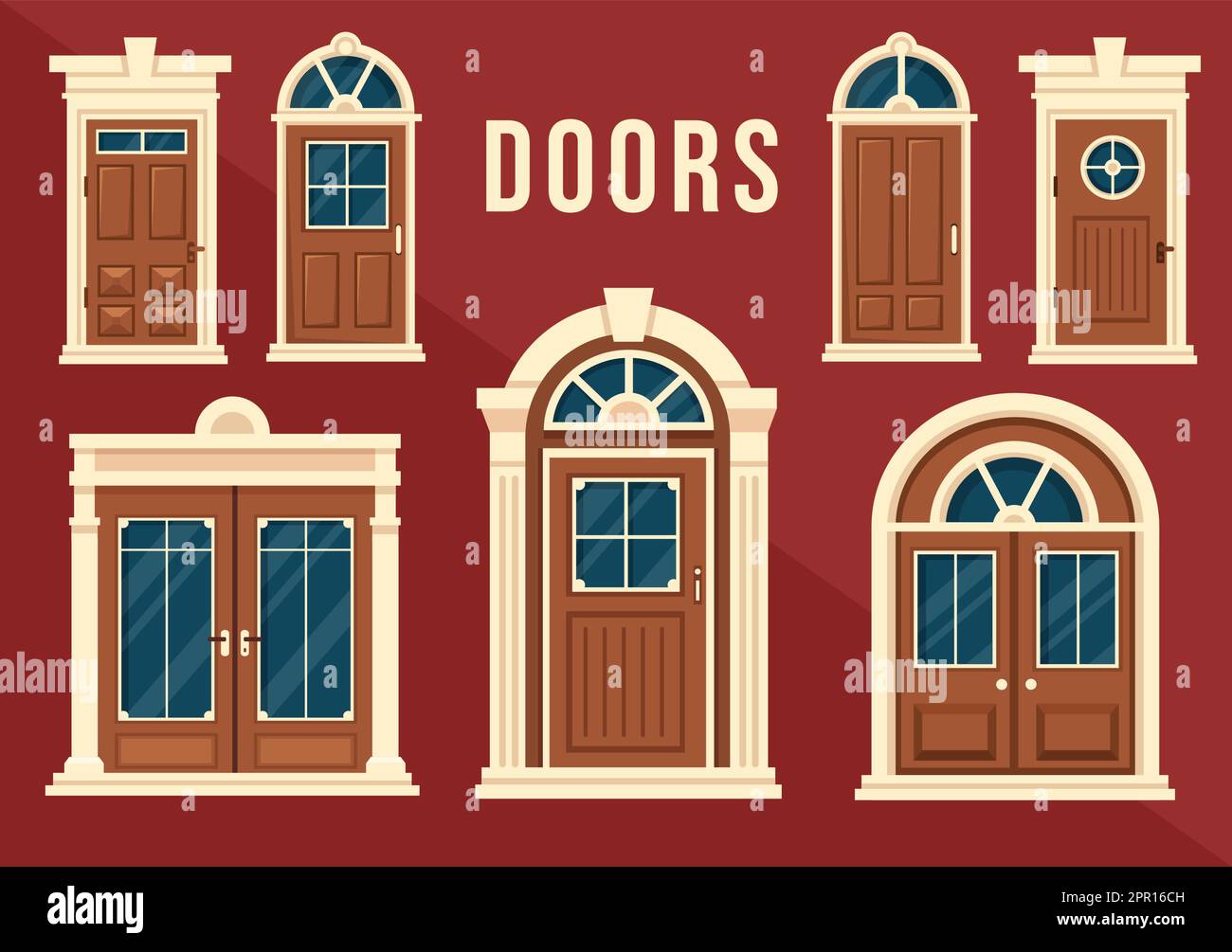 Haus Architektur mit Satz von Türen und Fenster verschiedene Formen, Farben und Größen in Vorlage Hand gezeichnet Cartoon flache Hintergrund Illustration Stock Vektor