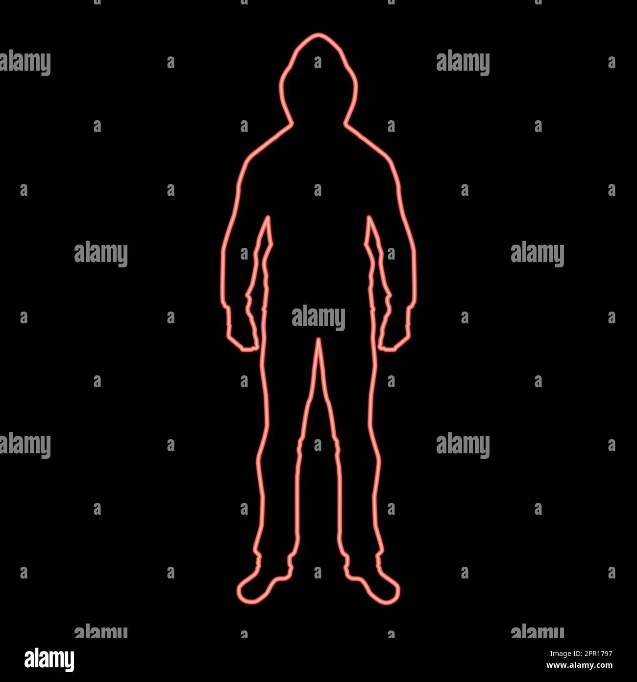 Neon man in der Kapuze Konzept Gefahr Silhouette Vorderseite Symbol rote Farbe Vektor Abbildung flacher Stil Stock Vektor