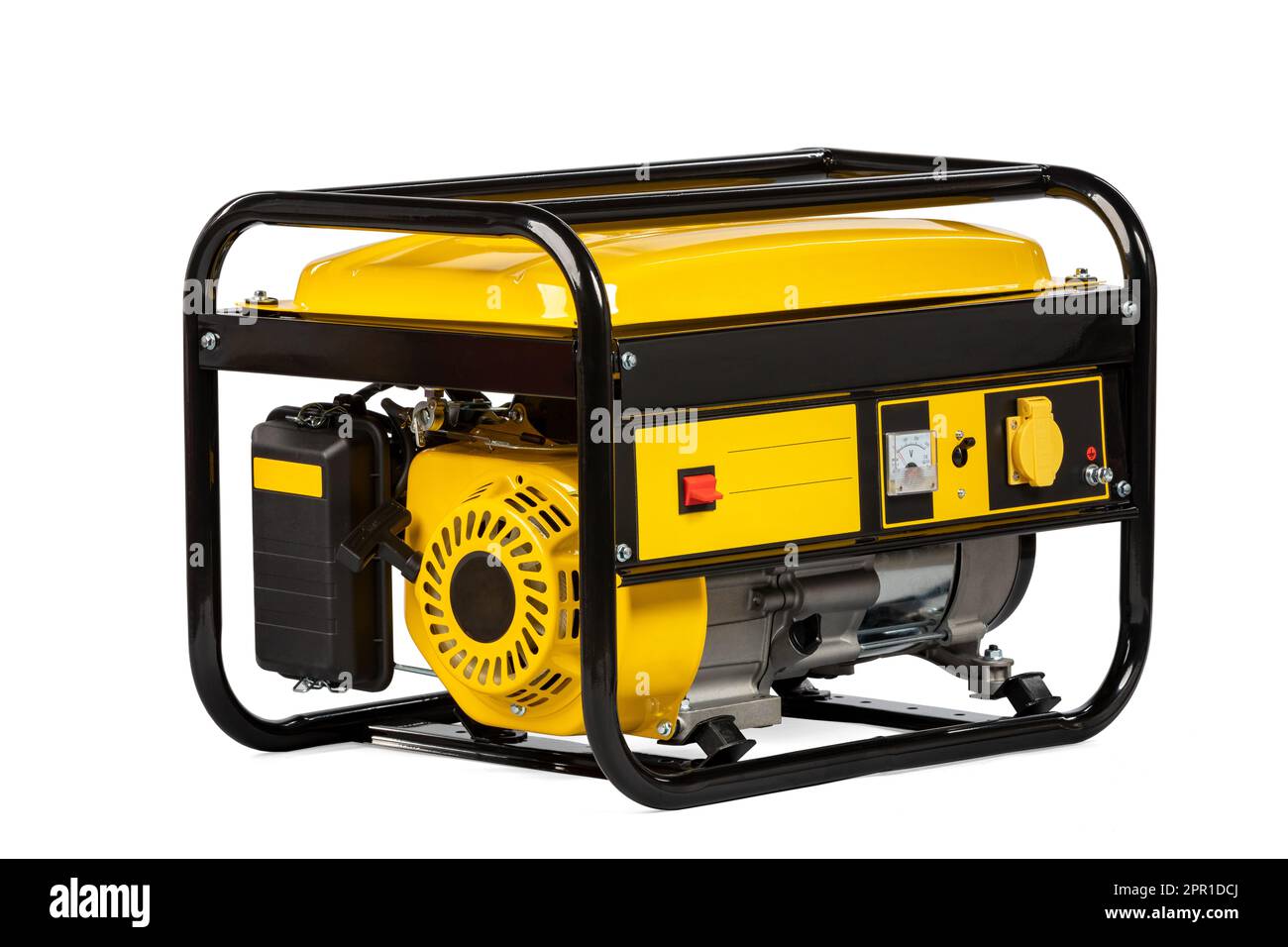 Tragbarer elektrischer Gasgenerator, gelb und schwarz, auf weiß isoliert, für Reserveenergie. Stockfoto