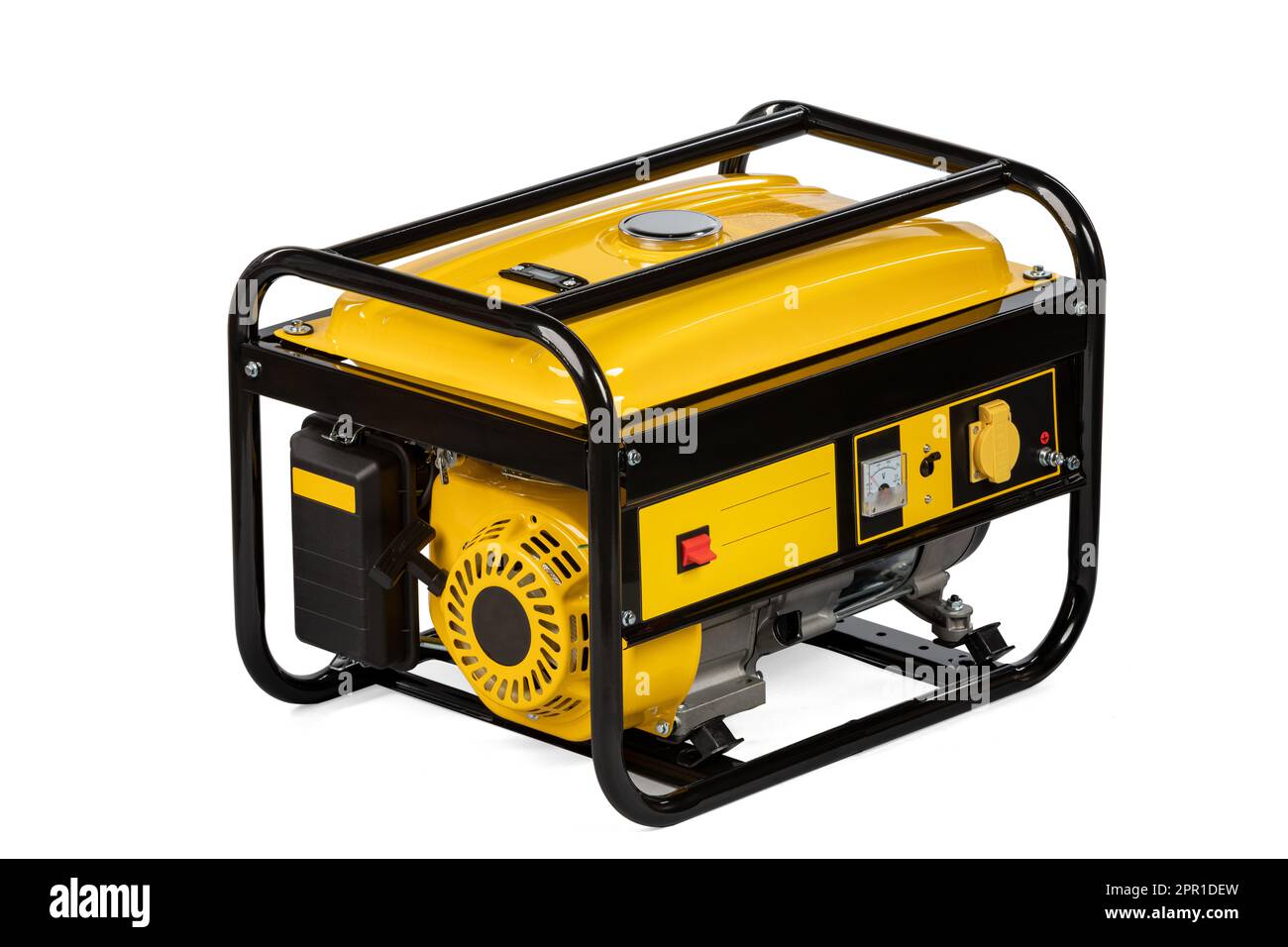 Tragbarer elektrischer Gasgenerator, gelb und schwarz, auf weiß isoliert, für Reserveenergie. Stockfoto