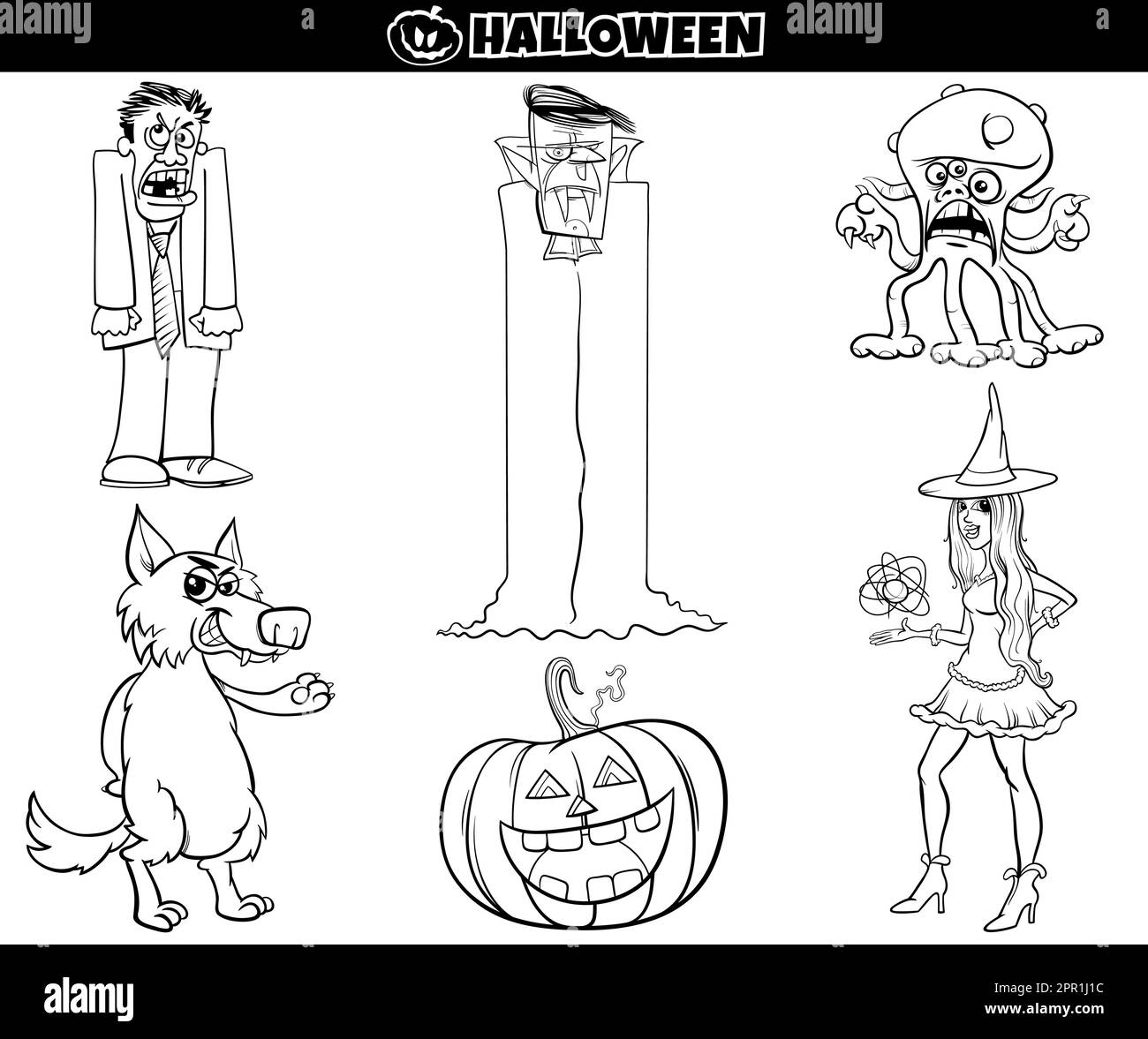 Cartoon Halloween-Weihnachtsfigurenset Malseite Stock Vektor