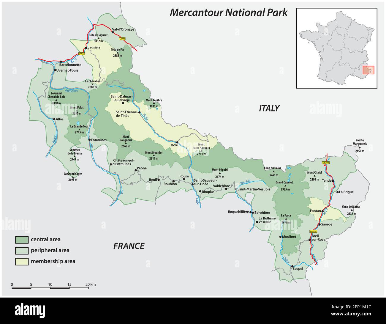 Vektorkarte des französischen Nationalparks Mercantour Stock Vektor