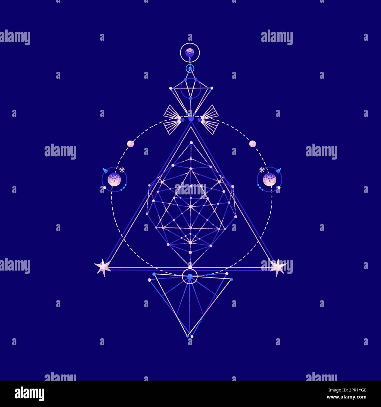 Geheimnisvolle Raumzusammensetzung von Planeten, Dreiecken, Sternen. Vektordarstellung zum Thema Astrologie, Astronomie, Esoterik. Kosmische Kunst. Himmelskörper. Cover, Karte, Abdruck auf Kleidung, Poster Stock Vektor