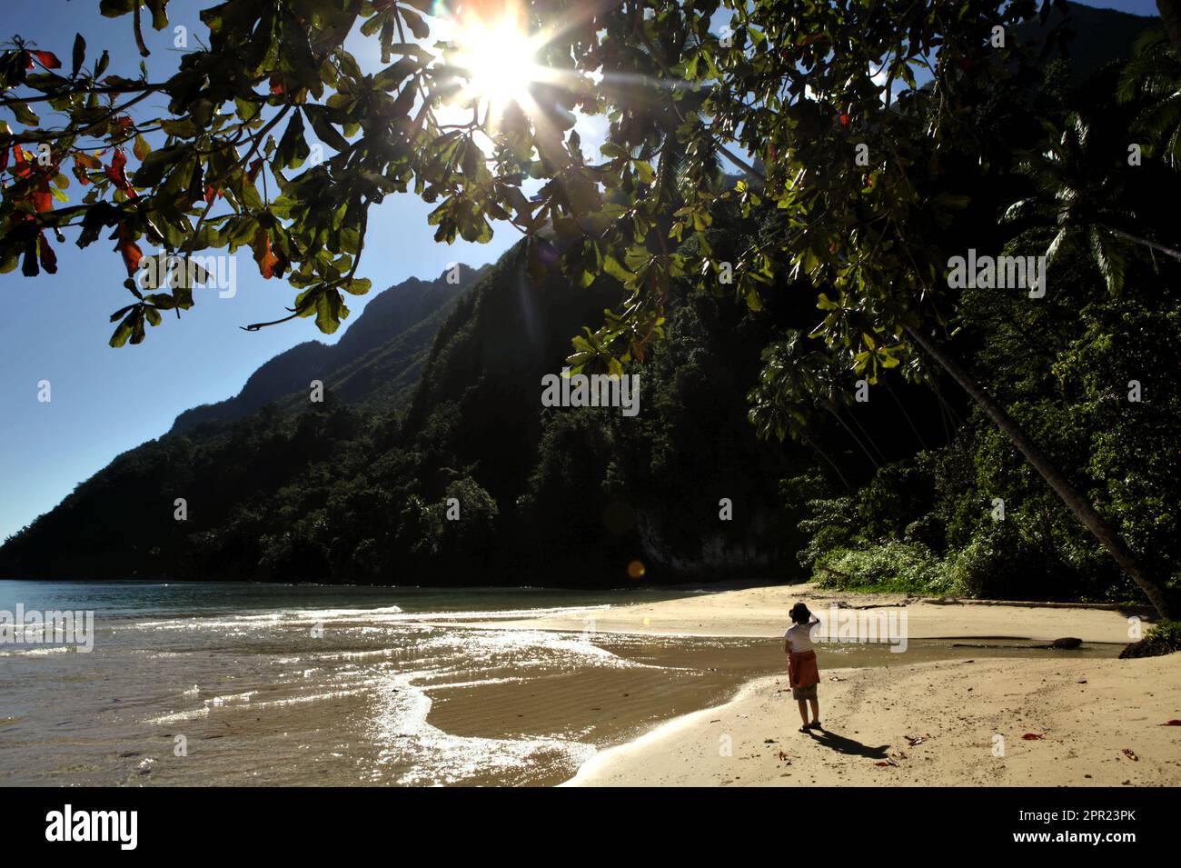 Ein Journalist steht am Sandstrand, wo sich die Flussmündung eines Bachs befindet, vor dem Hintergrund von Küstenhügeln im nördlichen Teil der Insel Seram; fotografiert in Saleman, North Seram, Central Maluku, Maluku, Indonesien. Stockfoto