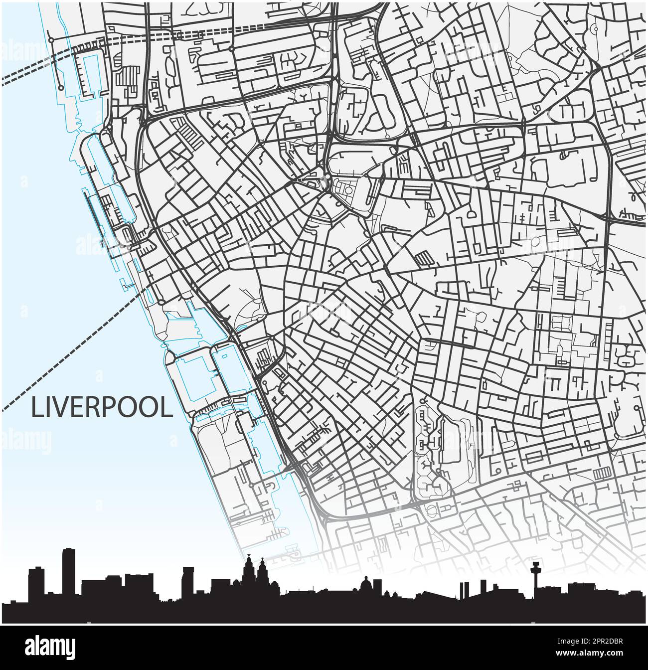 Stadtplan und Silhouette der nordwestenglischen Stadt Liverpool Stock Vektor