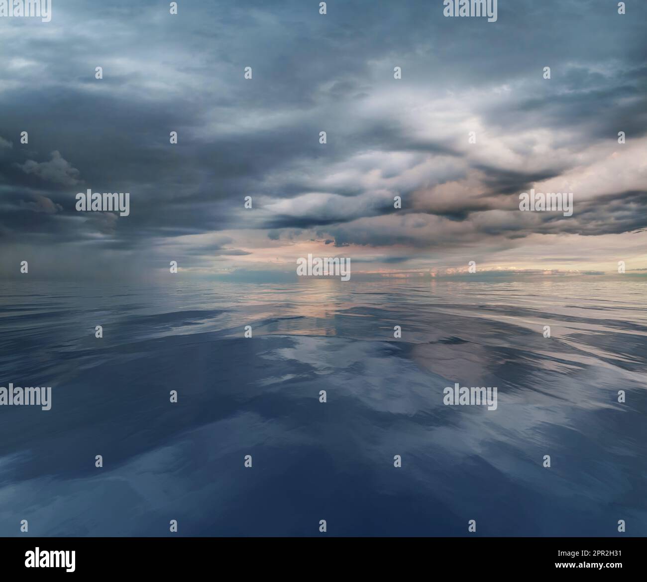 Bedrohliche Sturmwolken reflektierten sich auf einem kalten, grauen Gewässer Stockfoto